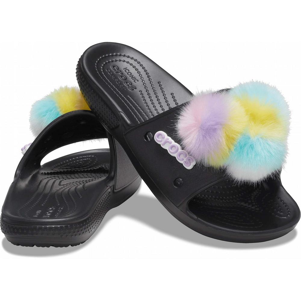 Black Men's Crocs Classic Fur Sure Slides | NZ 1282ILHS